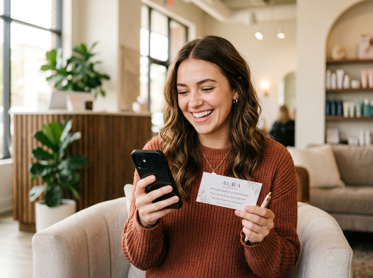 Cliente satisfeita com agendamento online e confirmação instantânea